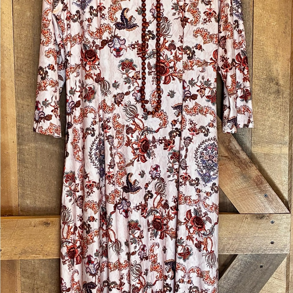 French Floral Long Sleeve Dress with Splashes of Orange & Brown